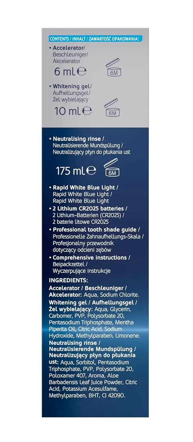 Get up to 5 shades whiter teeth in two weeks with the Rapid White Blue Light Teeth Whitening System, featuring light-activated gel technology for convenient home use.