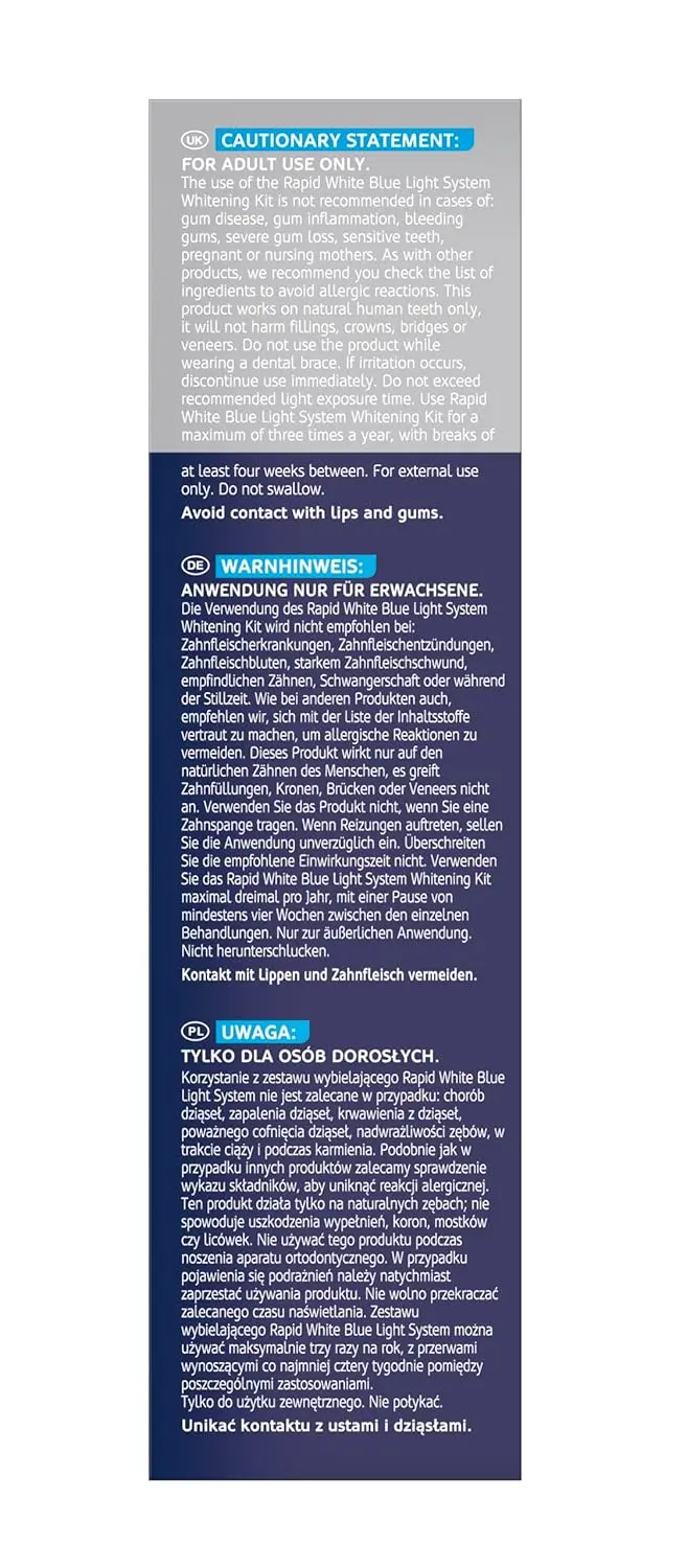 Get up to 5 shades whiter teeth in two weeks with the Rapid White Blue Light Teeth Whitening System, featuring light-activated gel technology for convenient home use.