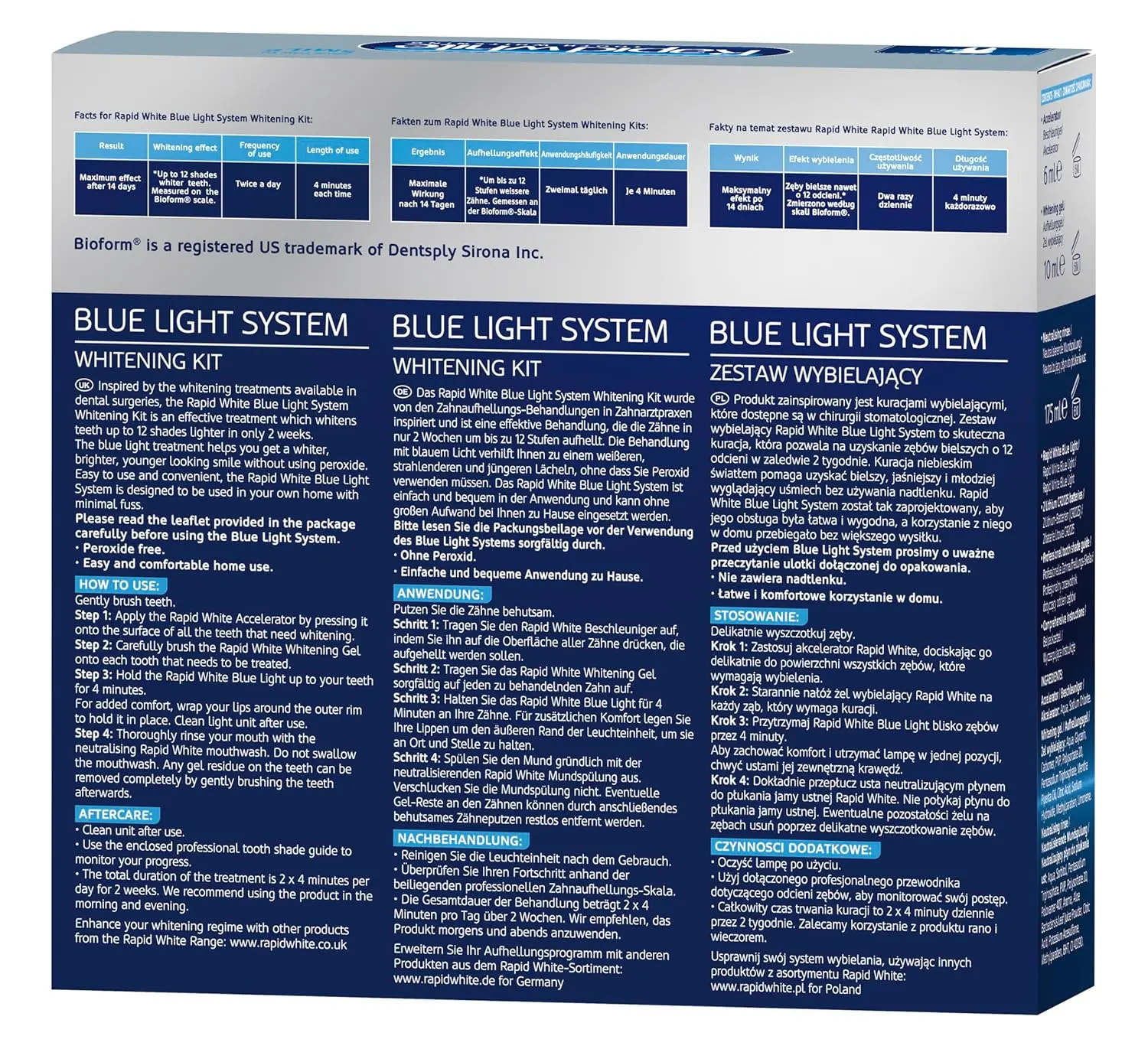 Get up to 5 shades whiter teeth in two weeks with the Rapid White Blue Light Teeth Whitening System, featuring light-activated gel technology for convenient home use.