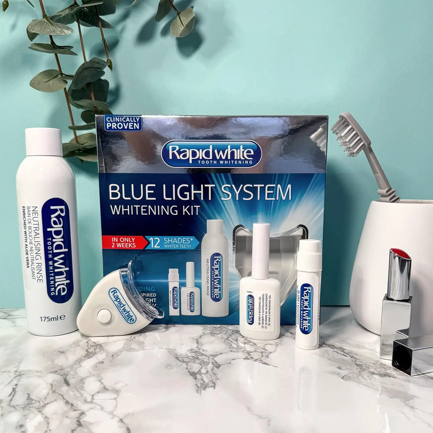 Get up to 5 shades whiter teeth in two weeks with the Rapid White Blue Light Teeth Whitening System, featuring light-activated gel technology for convenient home use.