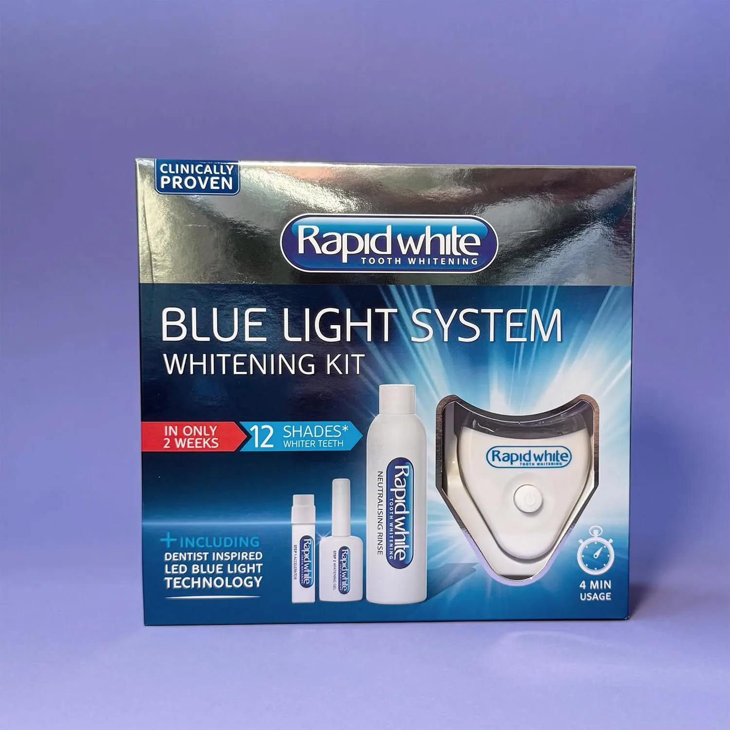 Get up to 5 shades whiter teeth in two weeks with the Rapid White Blue Light Teeth Whitening System, featuring light-activated gel technology for convenient home use.