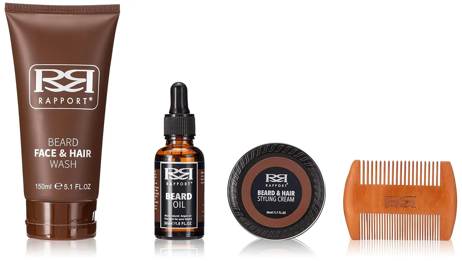 The Rapport Ultimate Beard Kit contains beard wash, styling cream, beard oil and a wooden comb for a polished and gentlemanly look.
