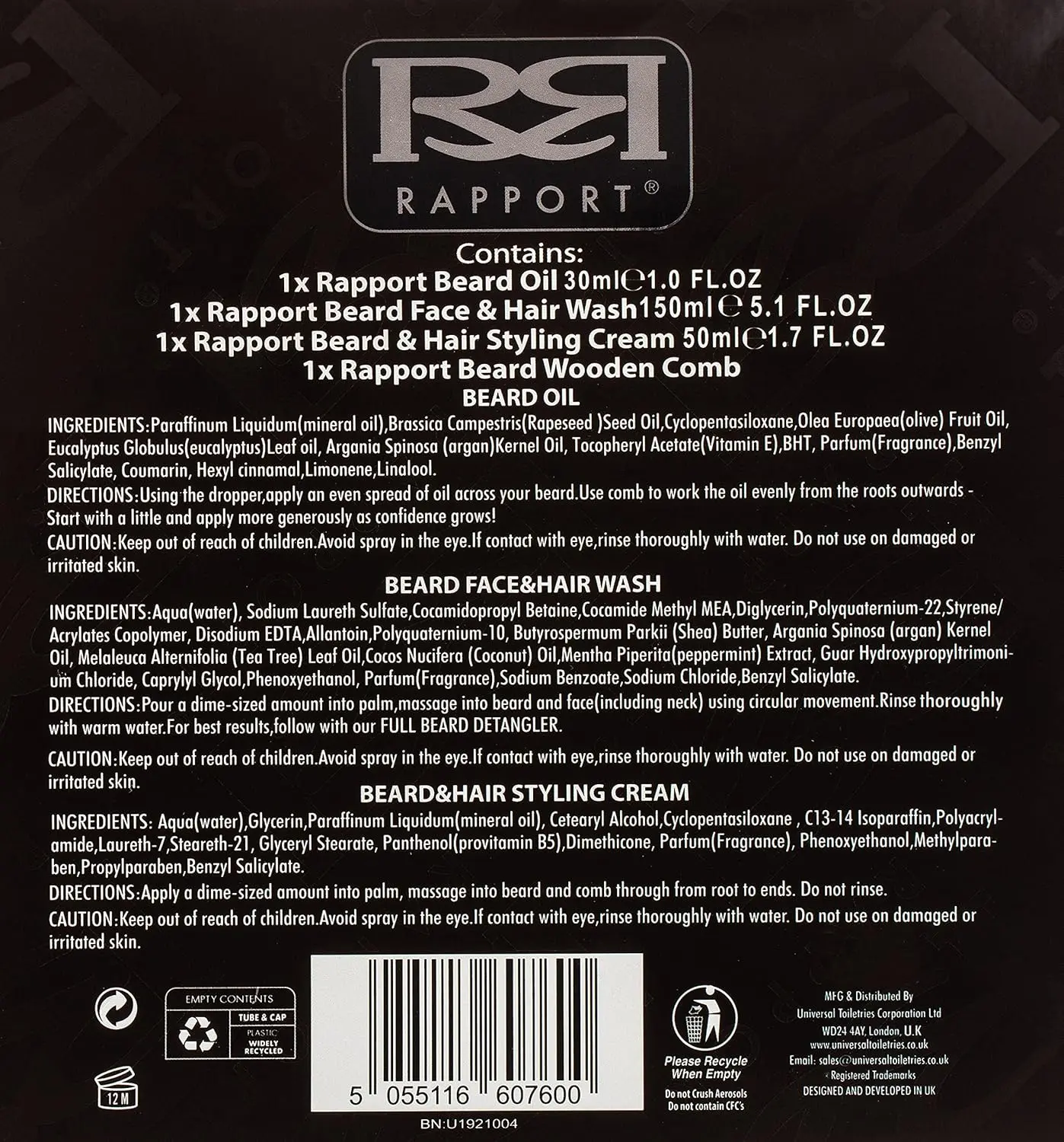 The Rapport Ultimate Beard Kit contains beard wash, styling cream, beard oil and a wooden comb for a polished and gentlemanly look.