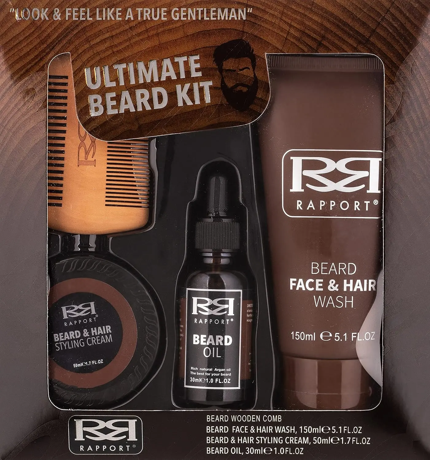 The Rapport Ultimate Beard Kit contains beard wash, styling cream, beard oil and a wooden comb for a polished and gentlemanly look.