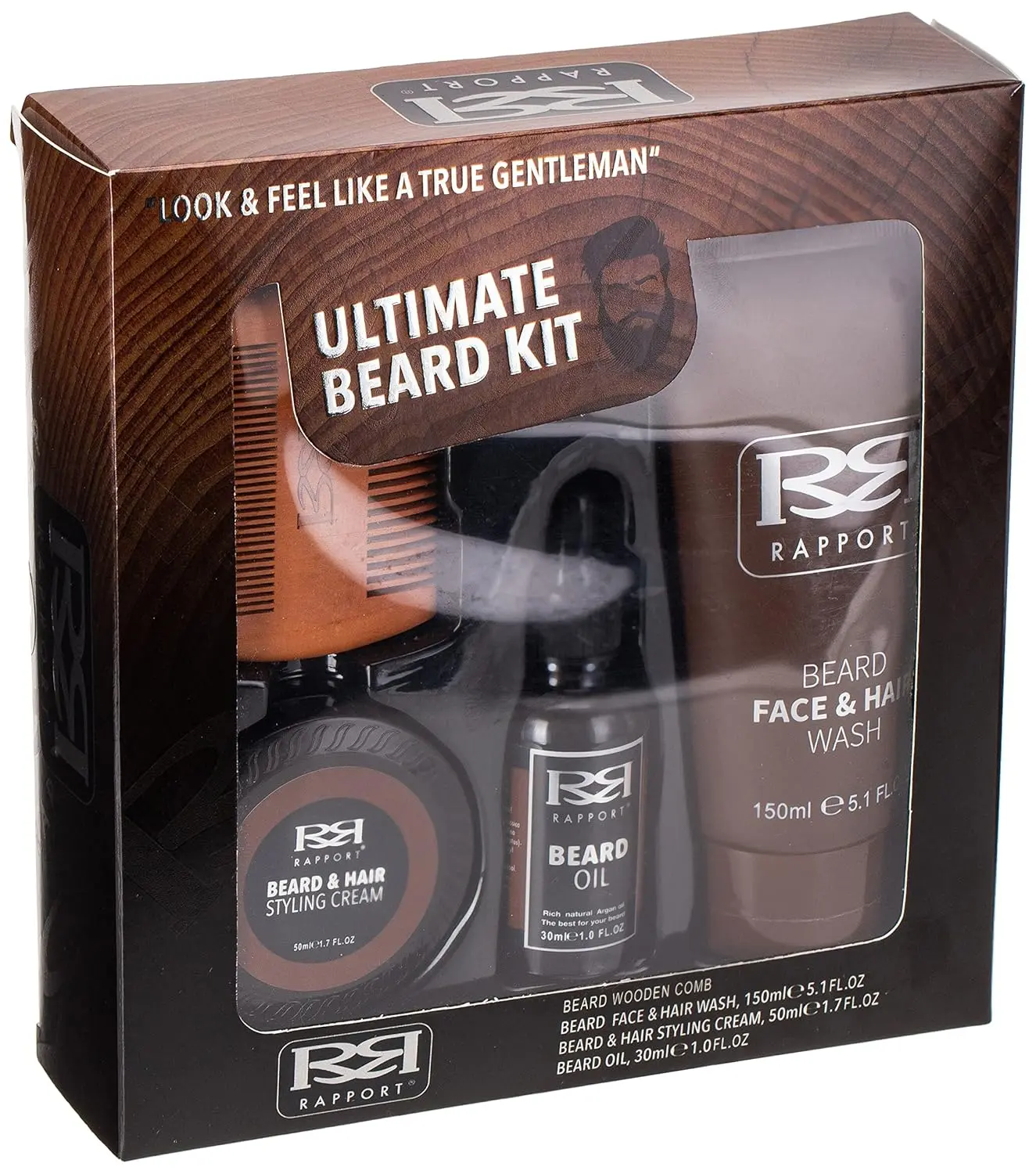 The Rapport Ultimate Beard Kit contains beard wash, styling cream, beard oil and a wooden comb for a polished and gentlemanly look.