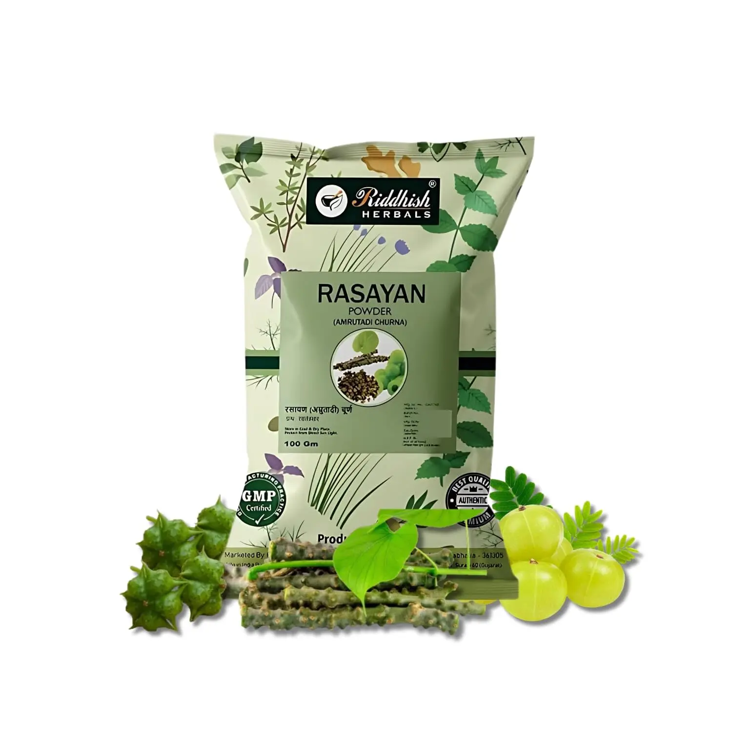 This is a pack of three 100gm bags of organic Rasayan Churna, also known as Amrutadi Churna, an Ayurvedic powder with Guduchi, Gokshura, and Amla that is useful as a general tonic, for urinary disorders, and to help boost immunity power.