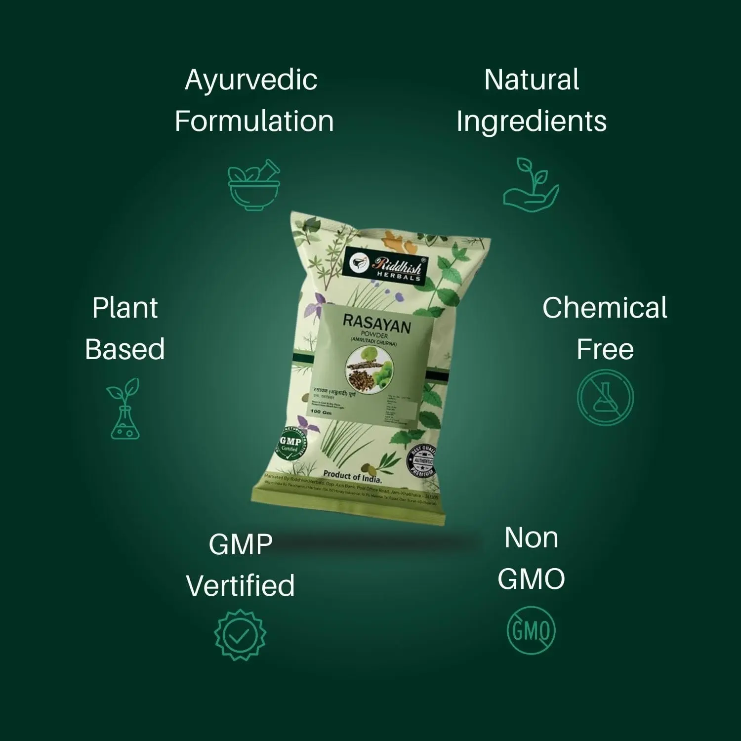 This is a pack of three 100gm bags of organic Rasayan Churna, also known as Amrutadi Churna, an Ayurvedic powder with Guduchi, Gokshura, and Amla that is useful as a general tonic, for urinary disorders, and to help boost immunity power.