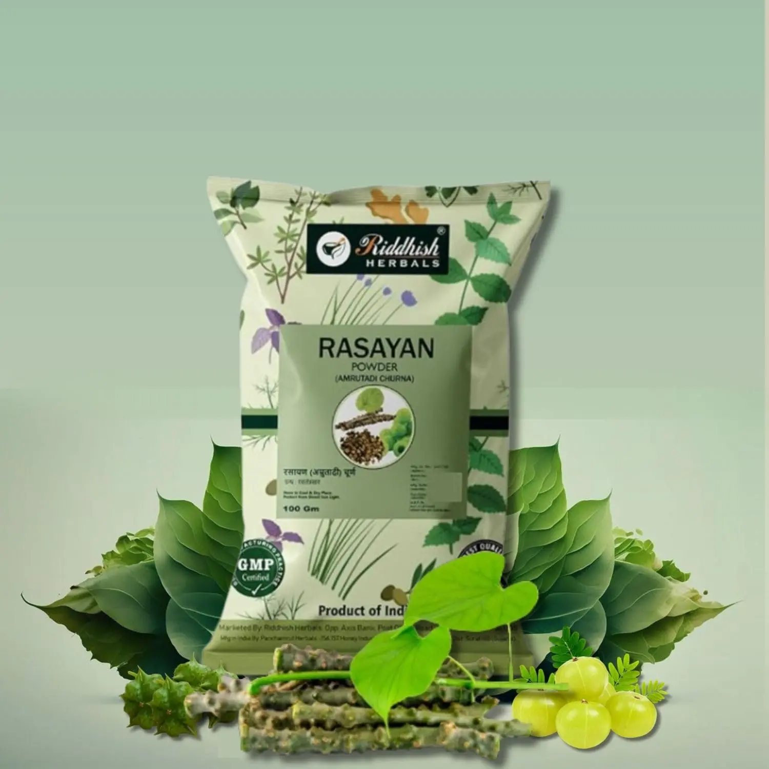 This is a pack of three 100gm bags of organic Rasayan Churna, also known as Amrutadi Churna, an Ayurvedic powder with Guduchi, Gokshura, and Amla that is useful as a general tonic, for urinary disorders, and to help boost immunity power.