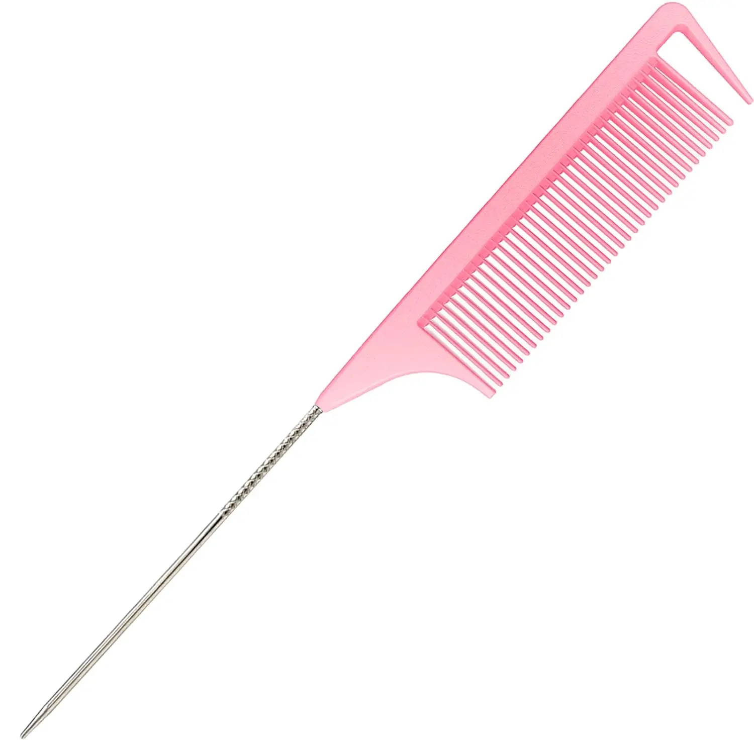 A pink rat tail comb with a stainless steel pintail is displayed, highlighting its fine teeth and design ideal for sectioning, parting, and styling hair.