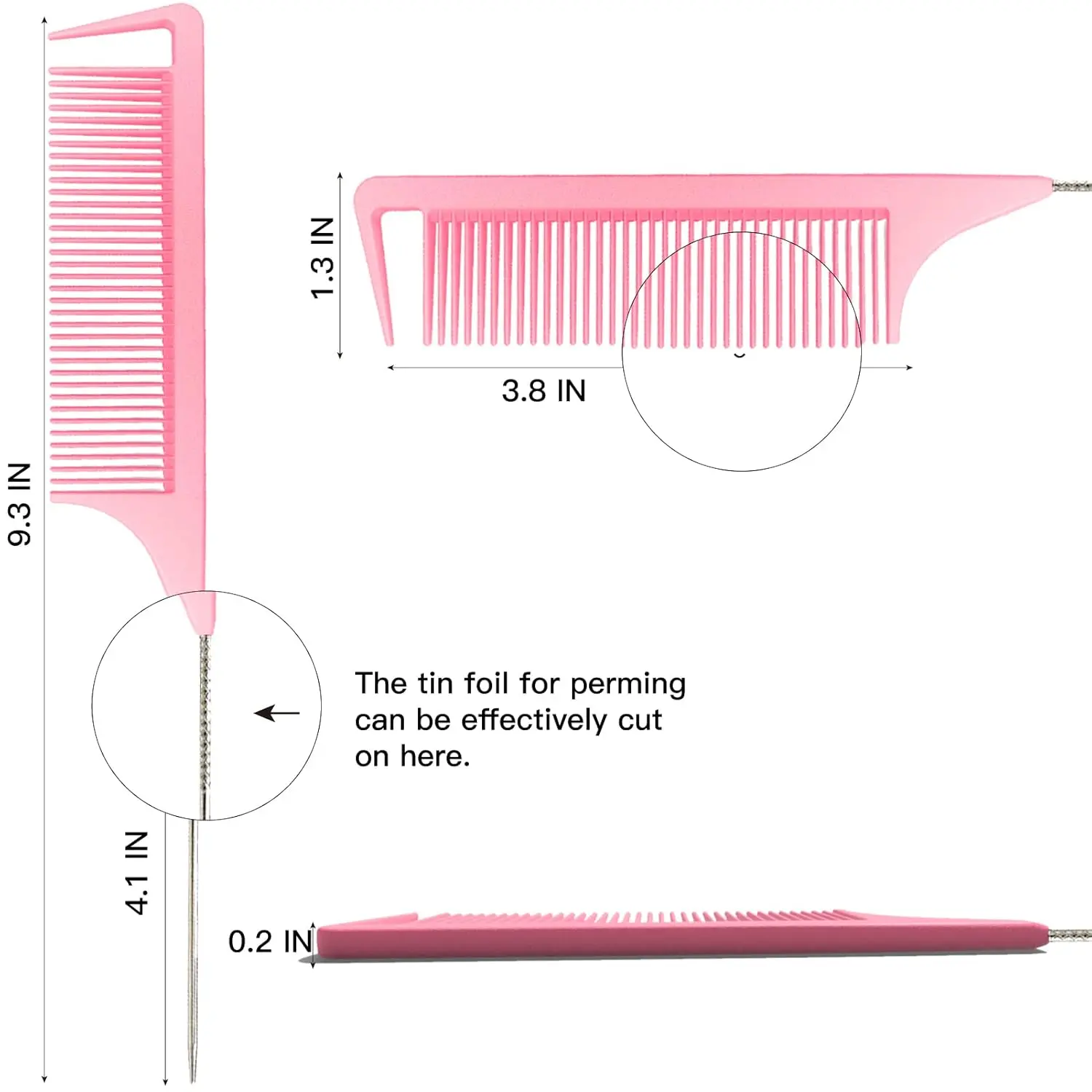 A pink rat tail comb with a stainless steel pintail is displayed, highlighting its fine teeth and design ideal for sectioning, parting, and styling hair.