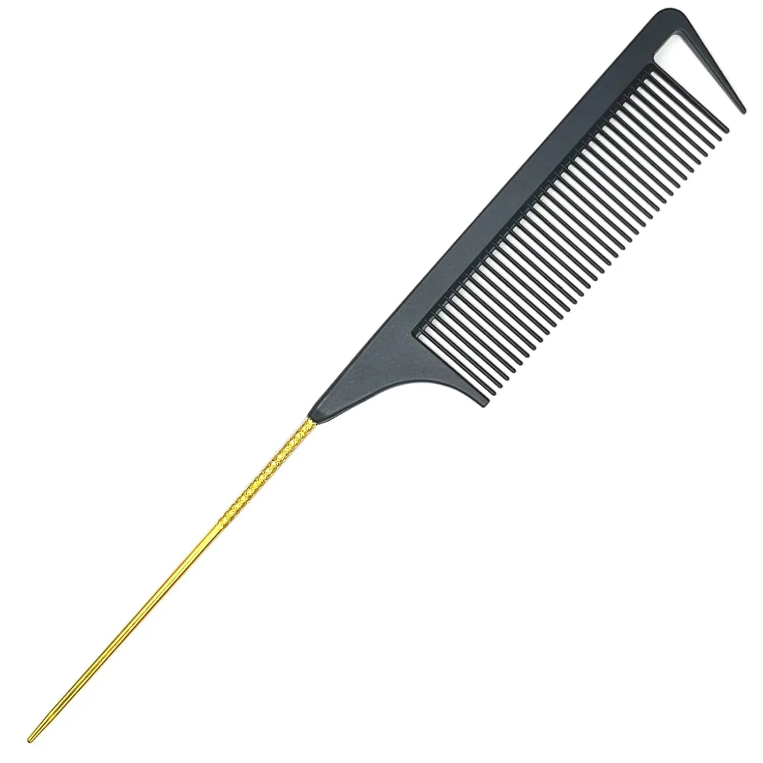 A pink rat tail comb with a stainless steel pintail is displayed, highlighting its fine teeth and design ideal for sectioning, parting, and styling hair.