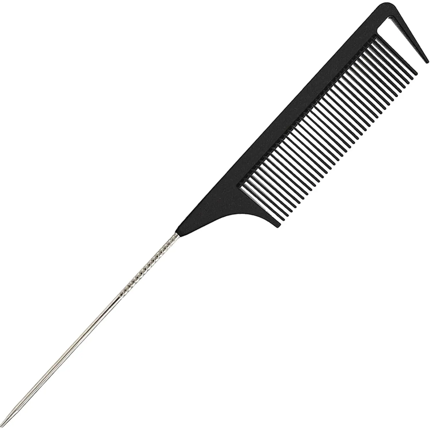 A pink rat tail comb with a stainless steel pintail is displayed, highlighting its fine teeth and design ideal for sectioning, parting, and styling hair.