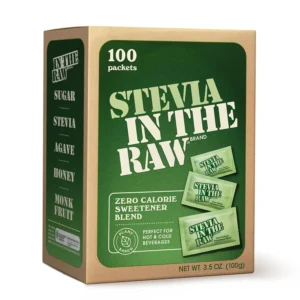 A box of In The Raw Stevia Sweetener Packets, a plant-based, zero-calorie sugar substitute perfect for sweetening hot and cold beverages and suitable for diabetics.