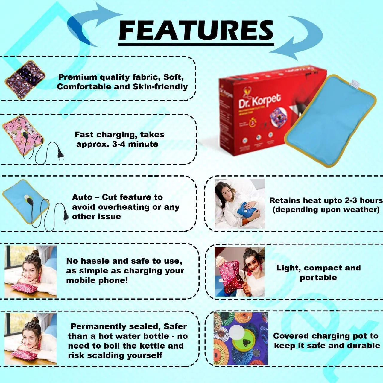 A rechargeable electric heating pad, also known as a hot water bag, provides soothing warmth and pain relief, featuring an auto-cut function and random color/design.