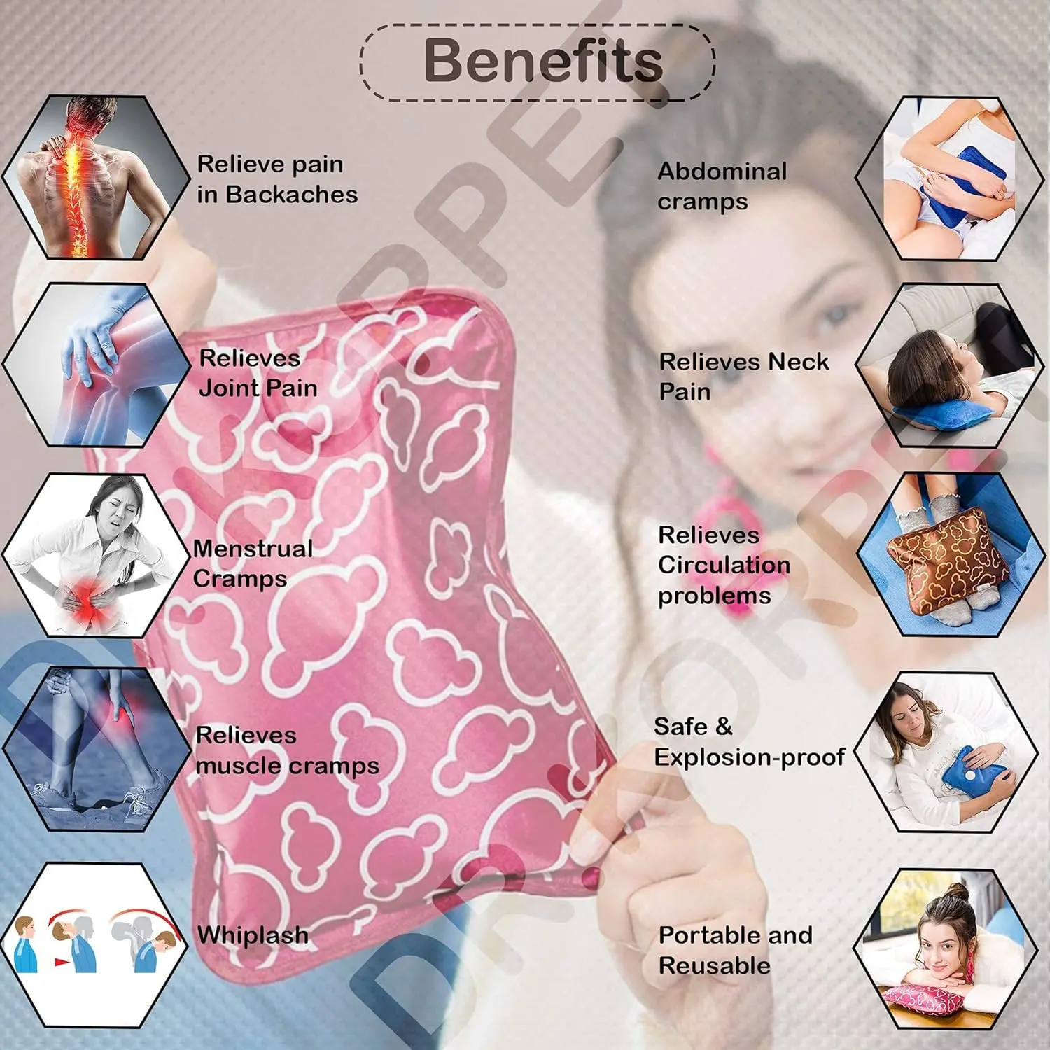 A rechargeable electric heating pad, also known as a hot water bag, provides soothing warmth and pain relief, featuring an auto-cut function and random color/design.