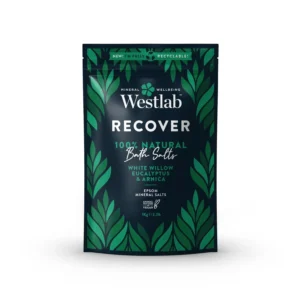Westlab's Recover Epsom Salts with White Willow and Eucalyptus help soothe tired muscles, promote relaxation, and provide stress relief in a warm bath.
