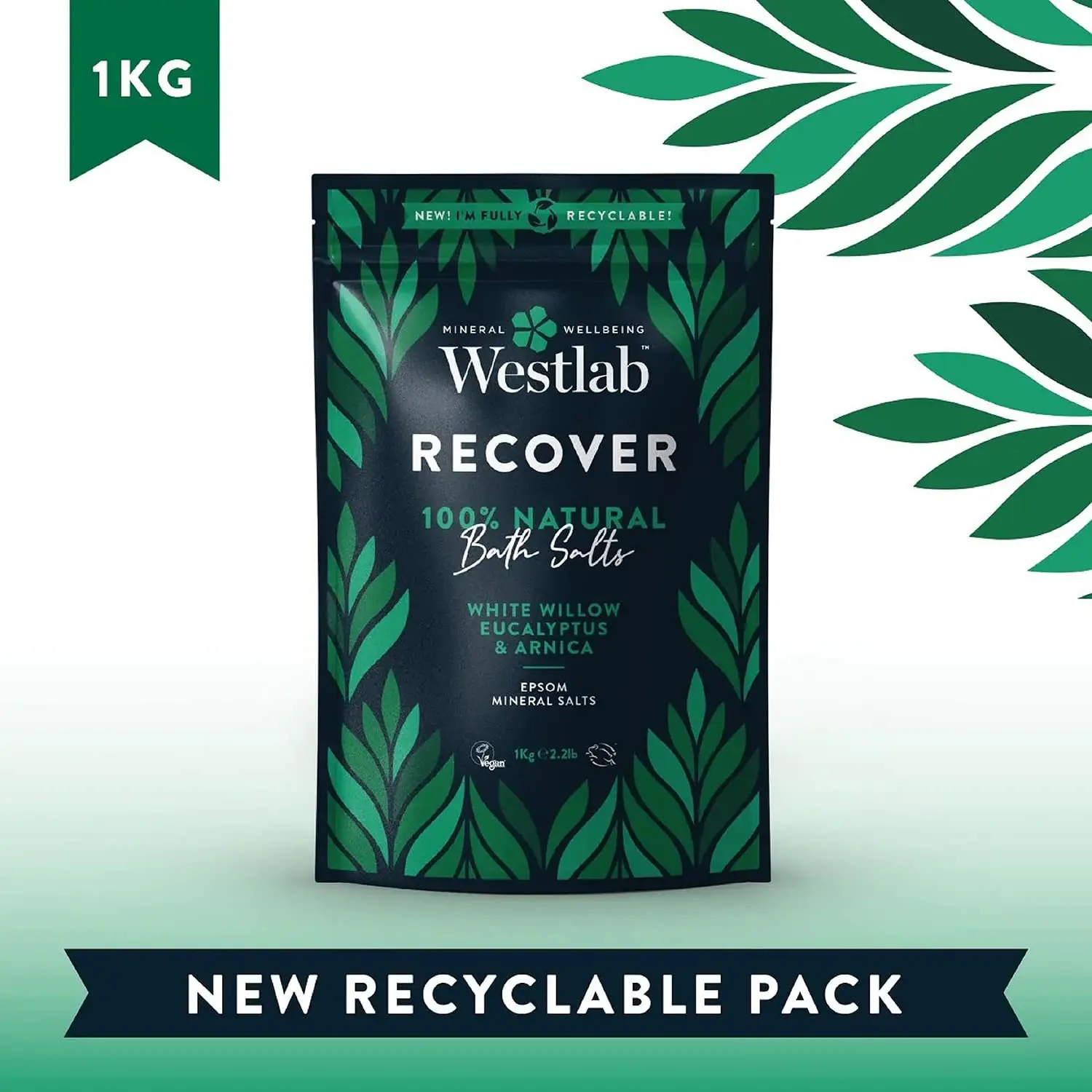 Westlab's Recover Epsom Salts with White Willow and Eucalyptus help soothe tired muscles, promote relaxation, and provide stress relief in a warm bath.