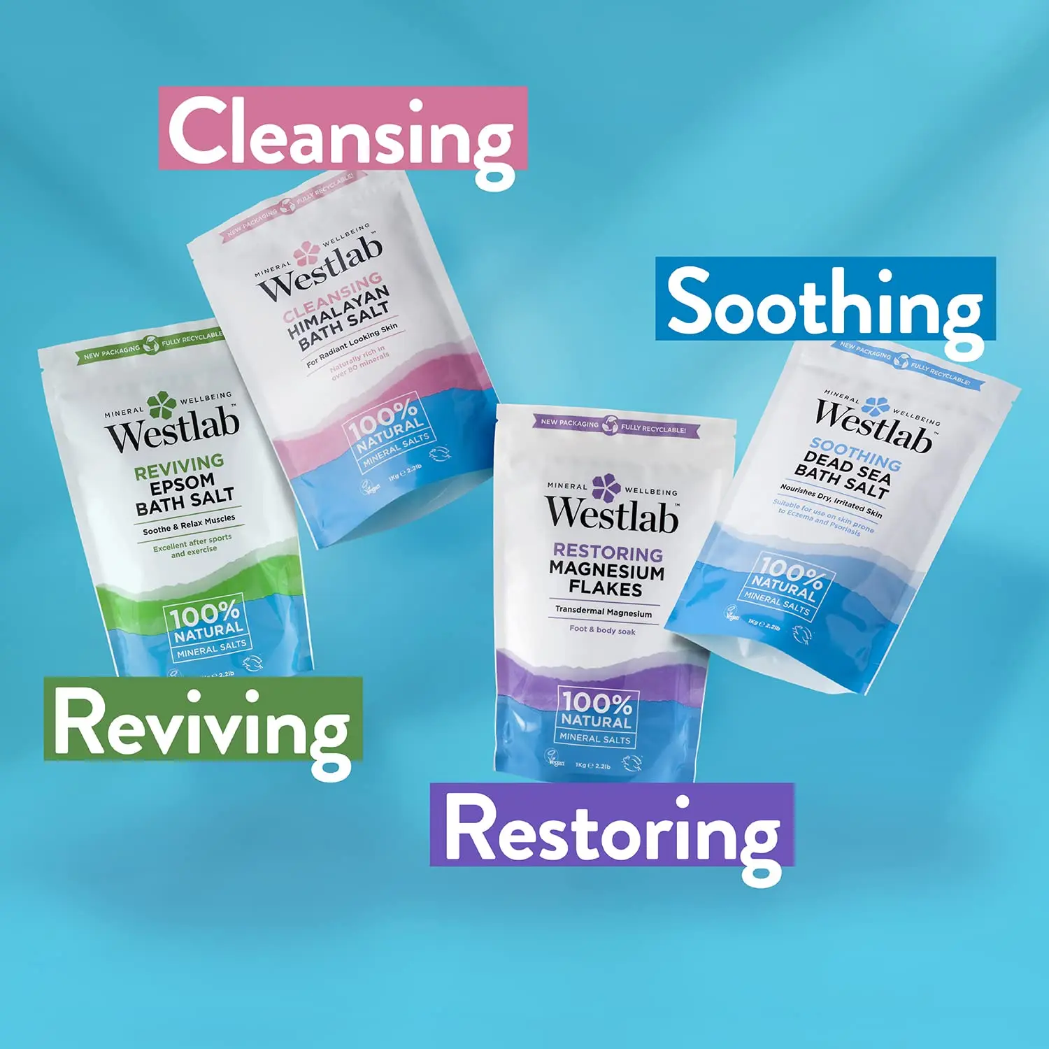 Westlab's Recover Epsom Salts with White Willow and Eucalyptus help soothe tired muscles, promote relaxation, and provide stress relief in a warm bath.