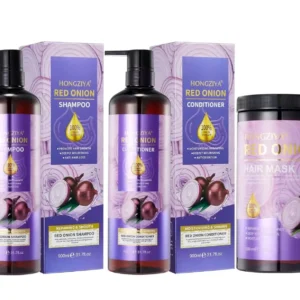 This red onion hair care set, including shampoo, conditioner and hair mask, promotes hair growth, reduces hair fall, and repairs dry and damaged hair, delivering salon-quality results for both men and women.