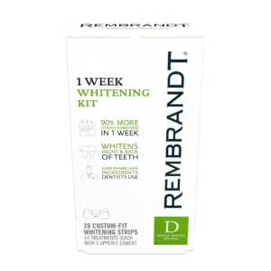Rembrandt 1 Week Teeth Whitening Kit contains 14 treatments of StayPut custom-fit whitening strips for a brighter smile in just 7 days.