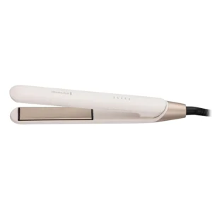 White Remington hair straightener with advanced ceramic coated plates and a fast 15-second heat-up time, designed for achieving soft, shiny hair.