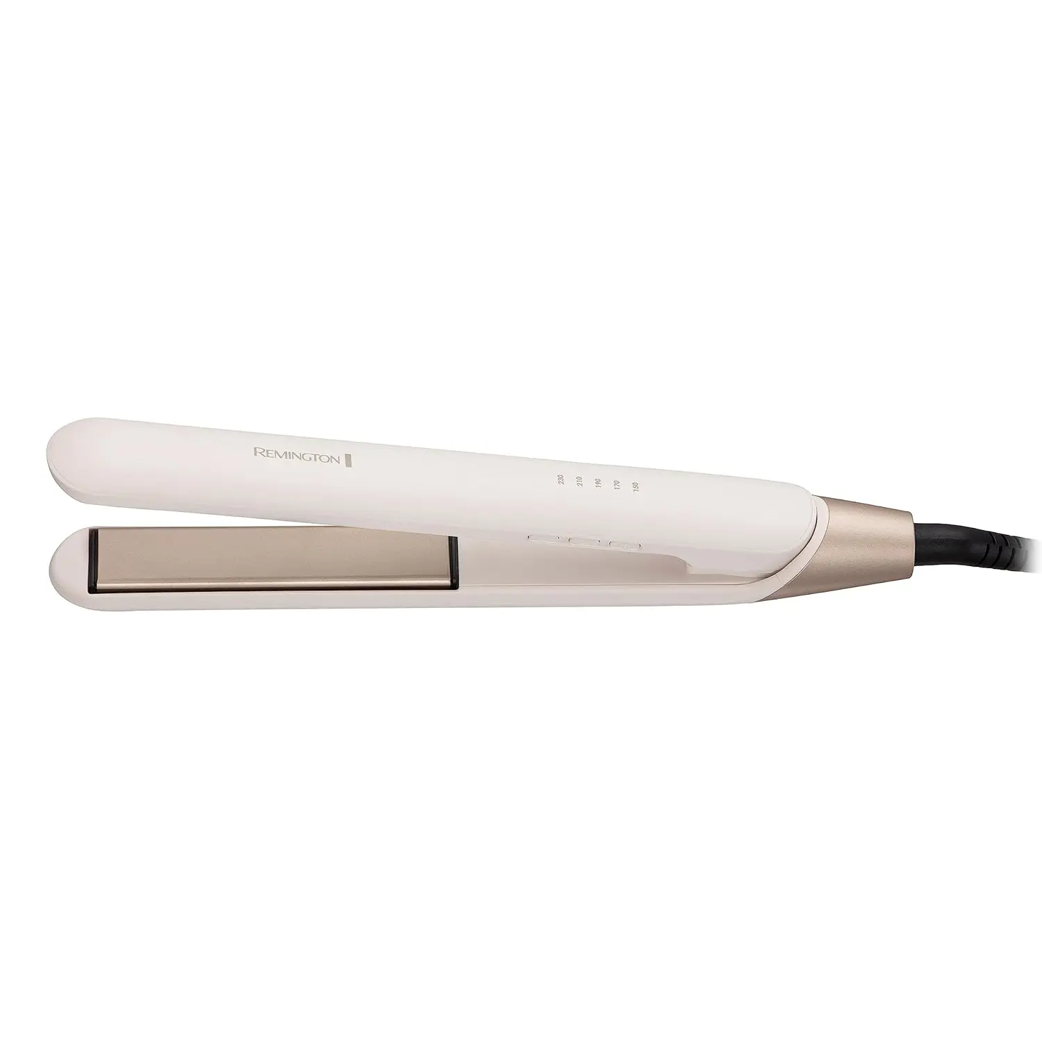 White Remington hair straightener with advanced ceramic coated plates and a fast 15-second heat-up time, designed for achieving soft, shiny hair.