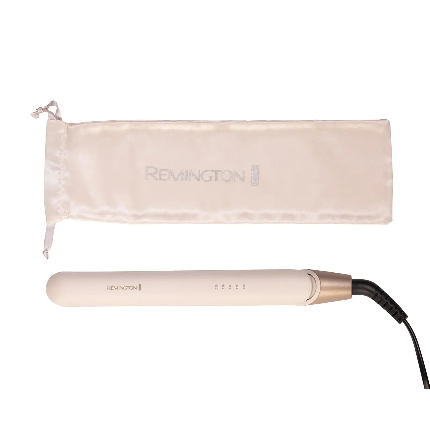 White Remington hair straightener with advanced ceramic coated plates and a fast 15-second heat-up time, designed for achieving soft, shiny hair.
