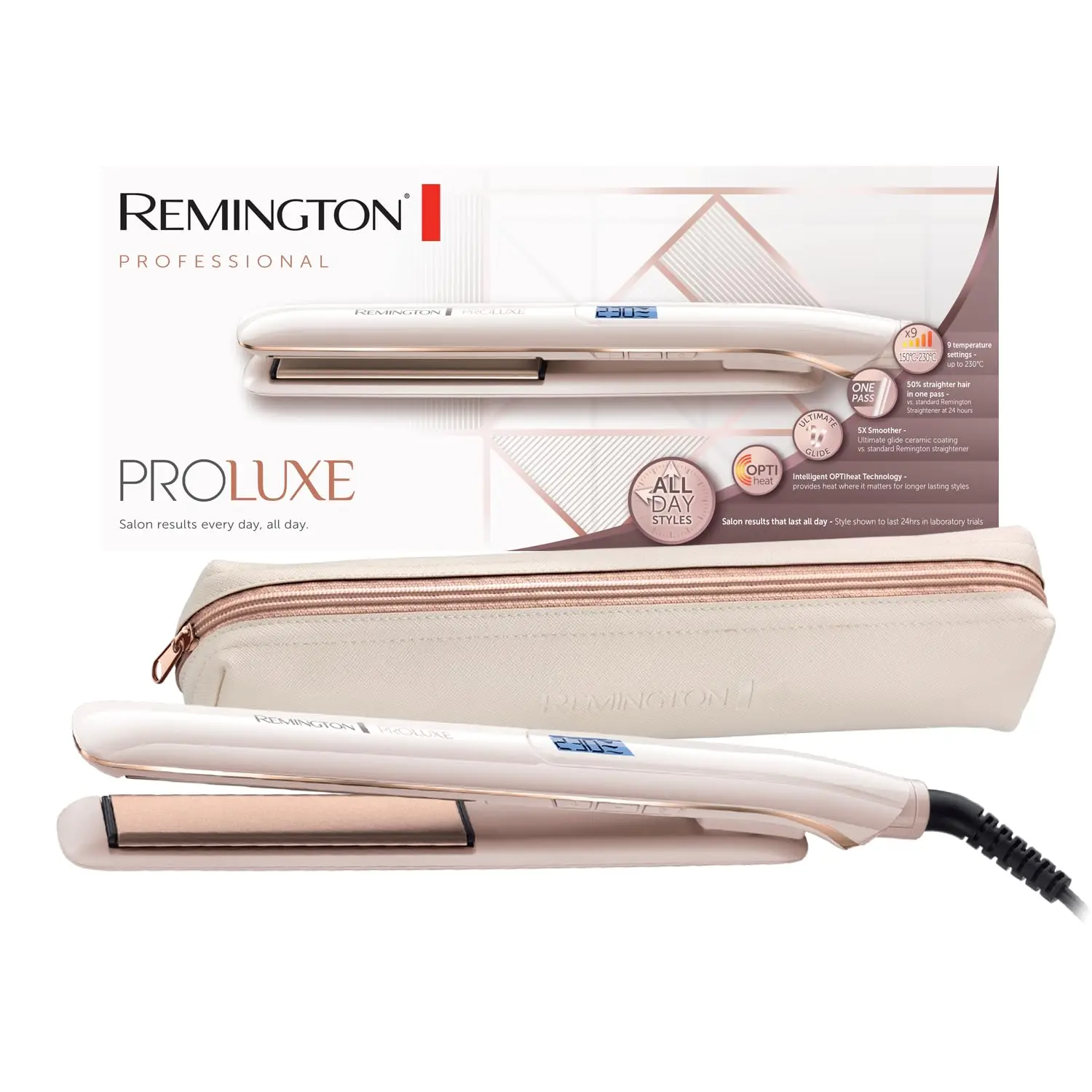 Rose gold Remington Proluxe hair straightener with OPTIheat technology and ceramic coating, featuring a digital display and Pro+ setting for gentle styling.