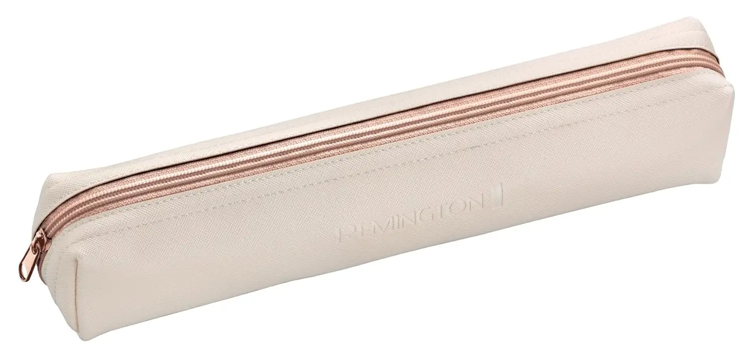 Rose gold Remington Proluxe hair straightener with OPTIheat technology and ceramic coating, featuring a digital display and Pro+ setting for gentle styling.