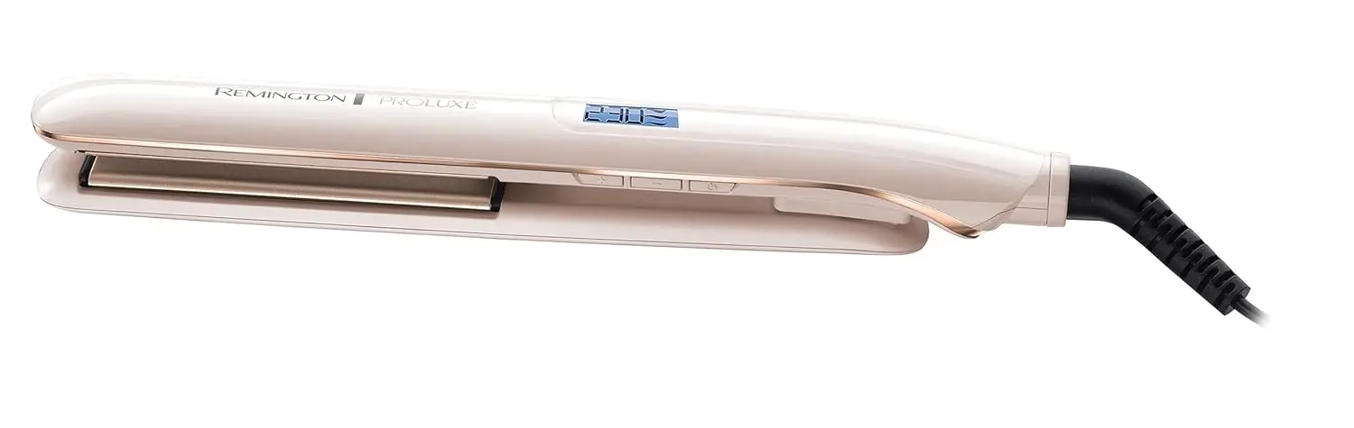 Rose gold Remington Proluxe hair straightener with OPTIheat technology and ceramic coating, featuring a digital display and Pro+ setting for gentle styling.