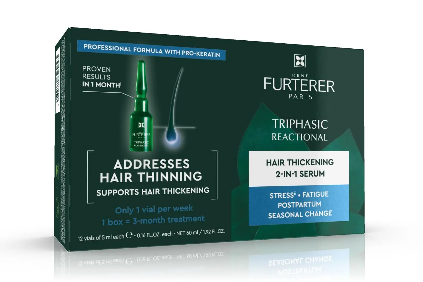 Rene Furterer Triphasic Reactional Anti Hair Loss Treatment for sudden hair loss, containing 12 vials.
