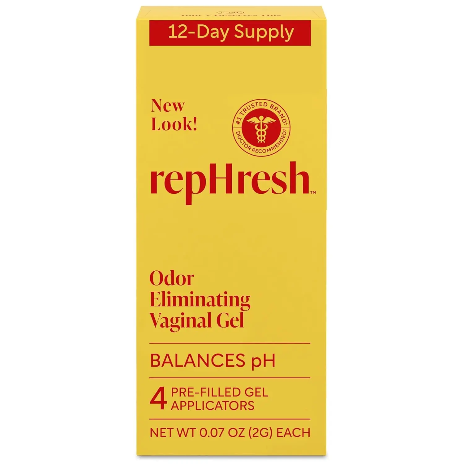 This image shows a box of RepHresh vaginal gel with four pre-filled applicators, a gynecologist recommended product, that eliminates odor, relieves discomfort, and maintains a healthy vaginal pH.