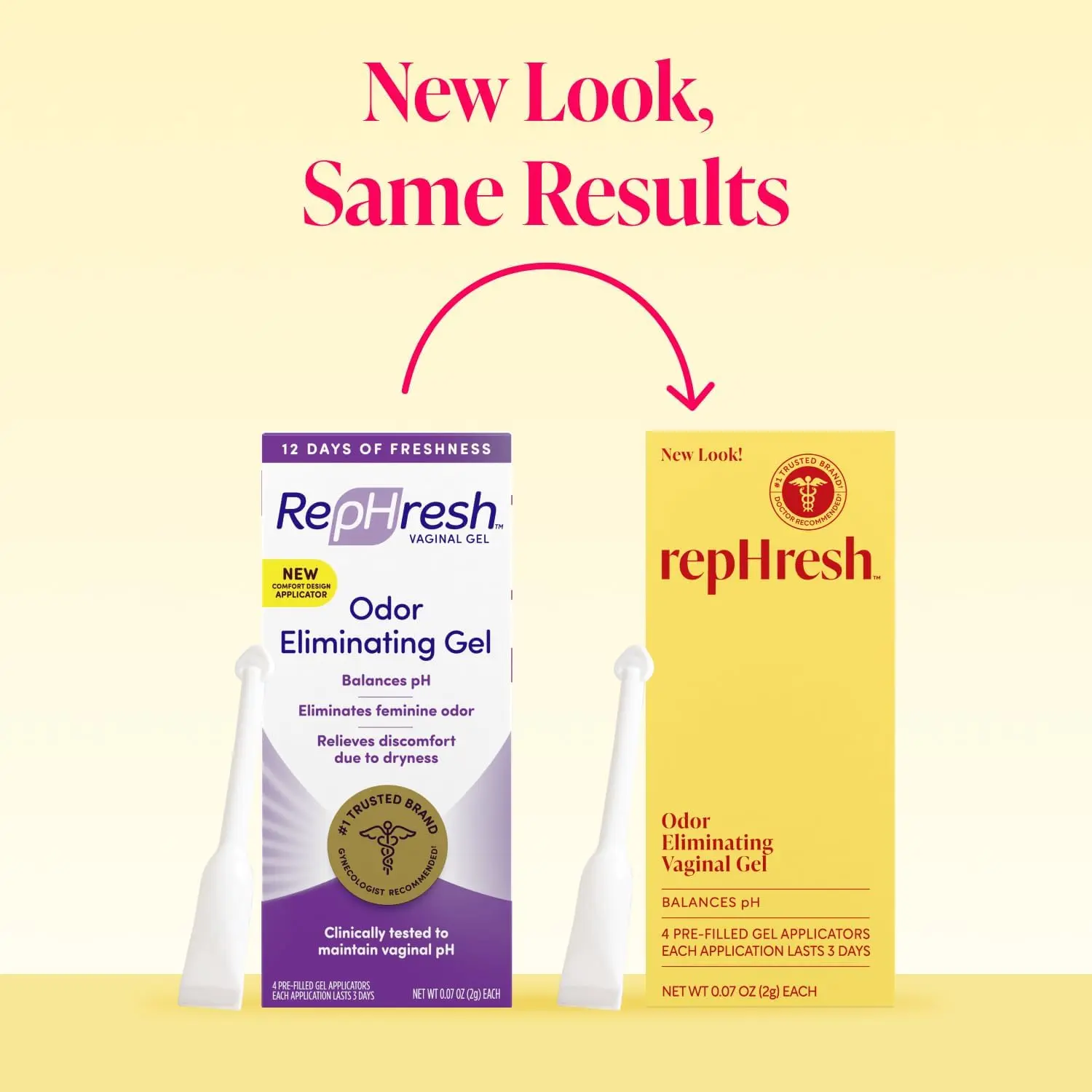 This image shows a box of RepHresh vaginal gel with four pre-filled applicators, a gynecologist recommended product, that eliminates odor, relieves discomfort, and maintains a healthy vaginal pH.