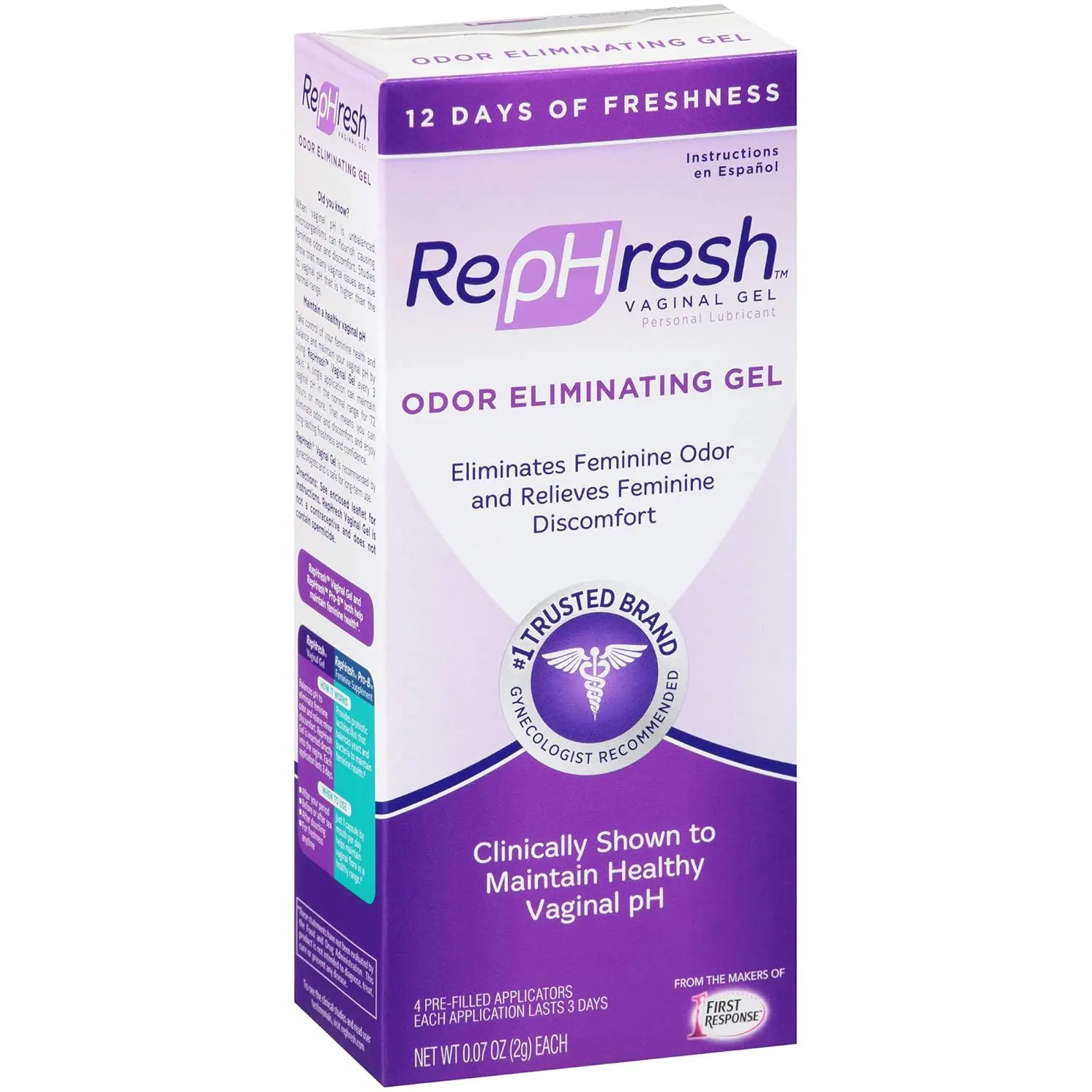 This image shows a box of RepHresh vaginal gel with four pre-filled applicators, a gynecologist recommended product, that eliminates odor, relieves discomfort, and maintains a healthy vaginal pH.