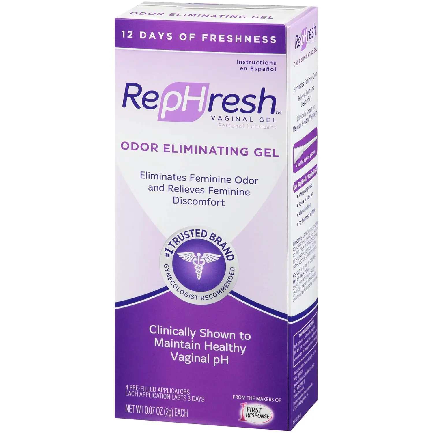 This image shows a box of RepHresh vaginal gel with four pre-filled applicators, a gynecologist recommended product, that eliminates odor, relieves discomfort, and maintains a healthy vaginal pH.