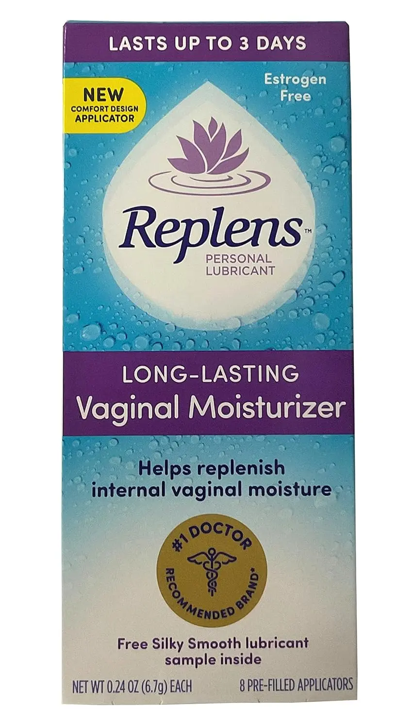 Replens long-lasting feminine moisturizer with pre-filled applicators for pain relief and vaginal dryness.