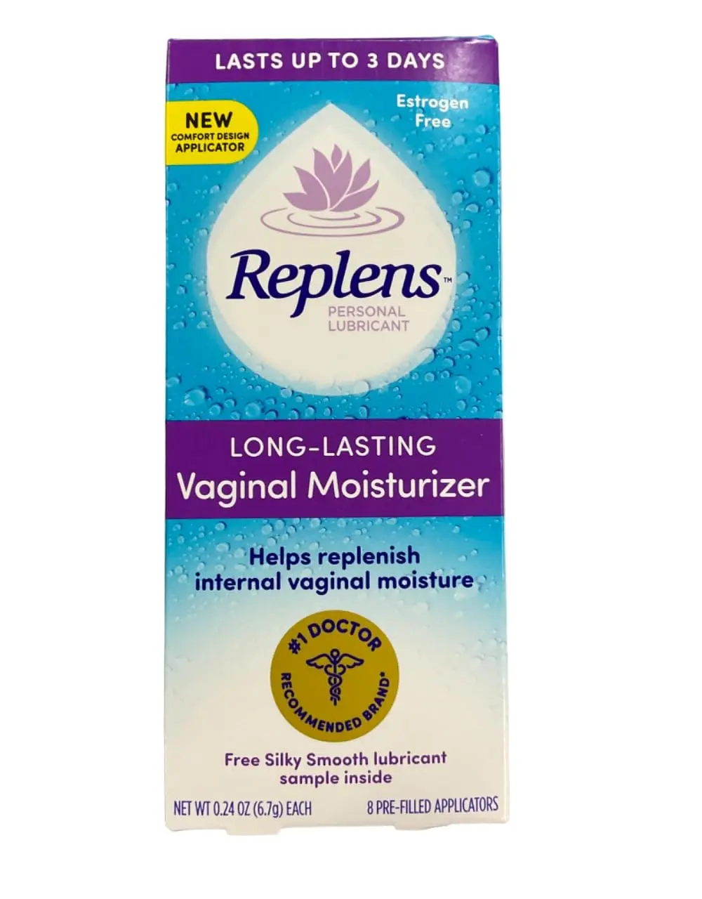 Replens long-lasting feminine moisturizer with pre-filled applicators for pain relief and vaginal dryness.