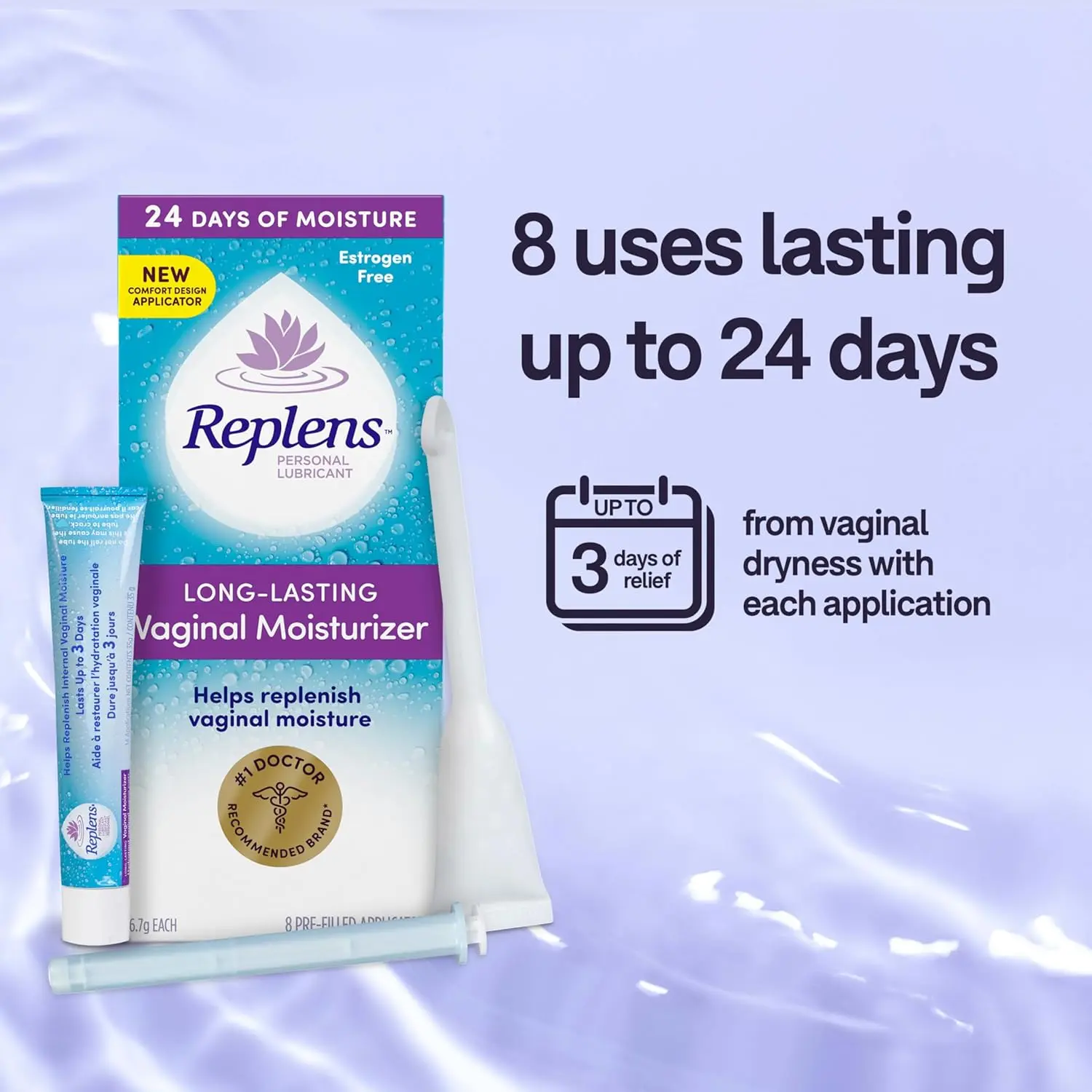 Replens long-lasting vaginal moisturizer provides dryness relief for up to 3 days with its estrogen-free formula and reusable applicator.