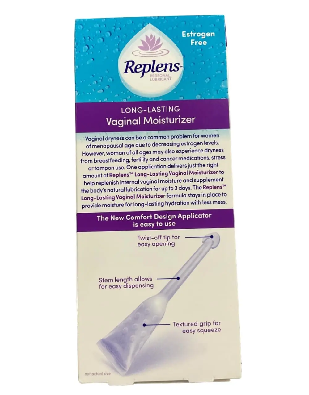 Replens long-lasting feminine moisturizer with pre-filled applicators for pain relief and vaginal dryness.