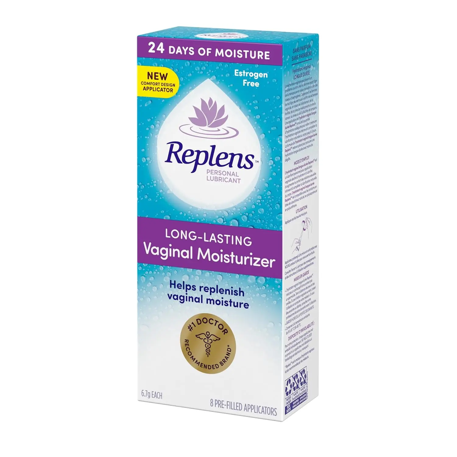 Replens long-lasting vaginal moisturizer provides dryness relief for up to 3 days with its estrogen-free formula and reusable applicator.