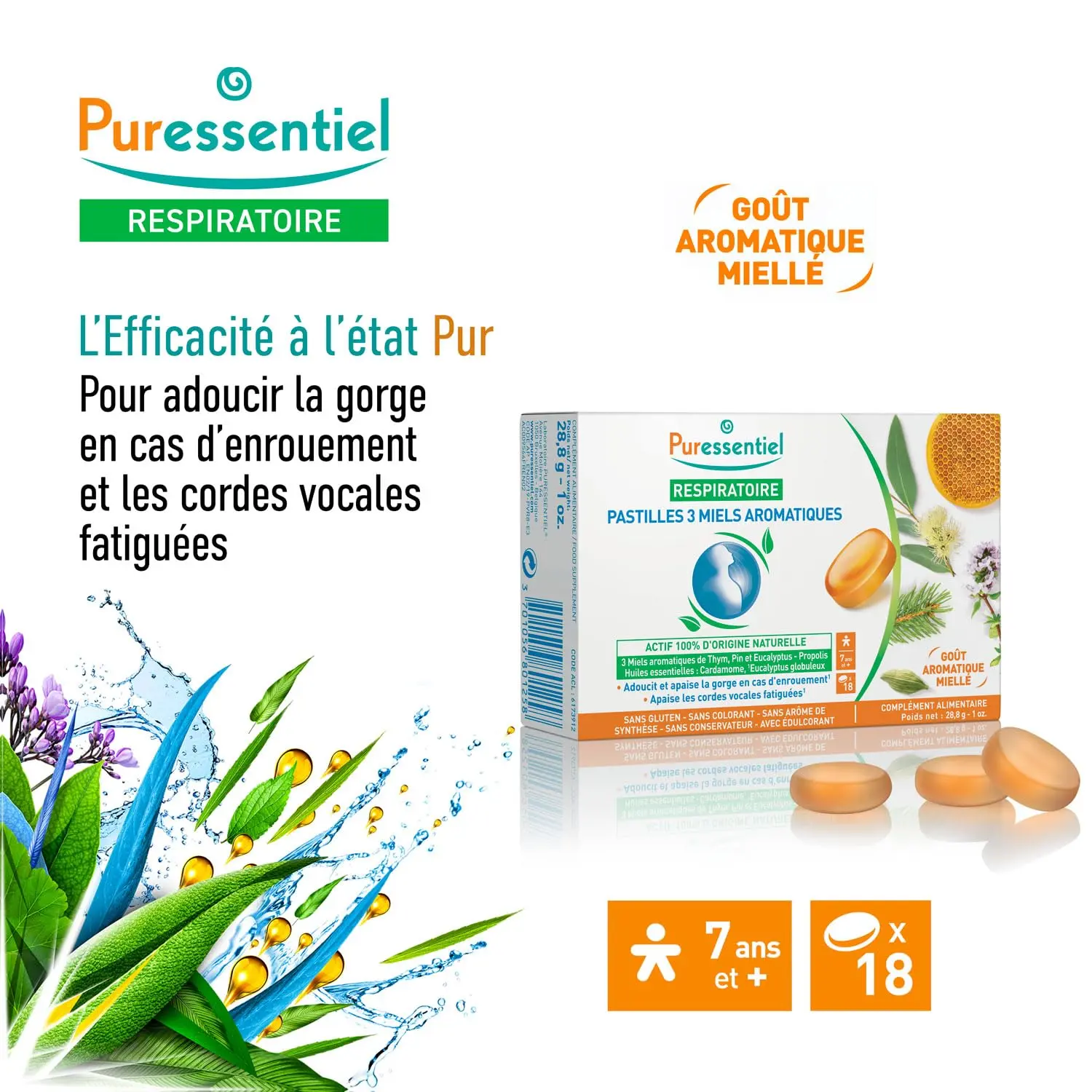 Puressentiel respiratory lozenges with thyme, pine, and eucalyptus honey soothe throat discomfort and tired vocal cords while supporting bee protection.