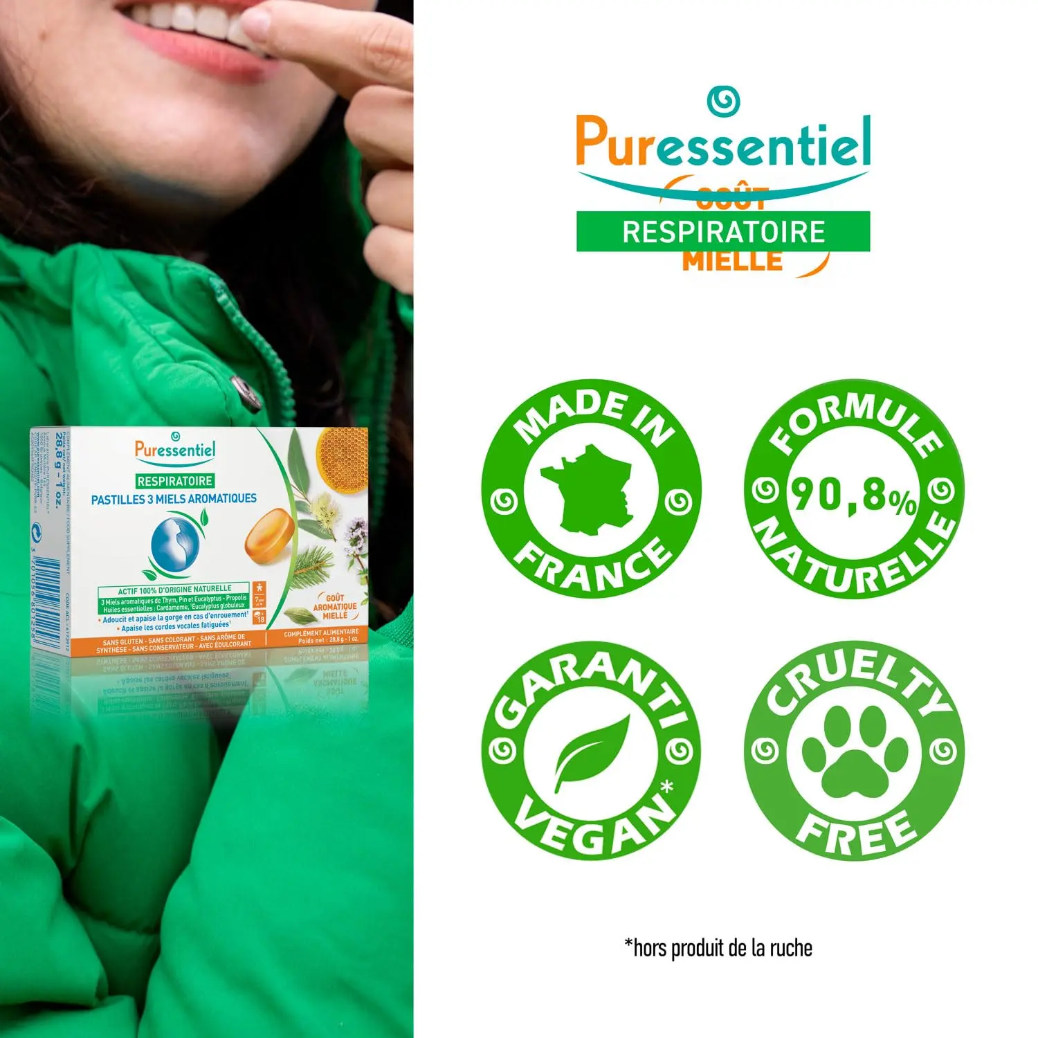 Puressentiel respiratory lozenges with thyme, pine, and eucalyptus honey soothe throat discomfort and tired vocal cords while supporting bee protection.