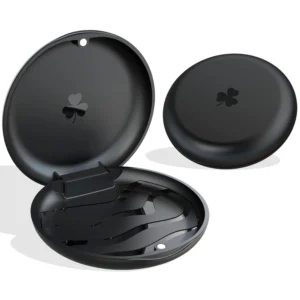 Black retainer case securely stores dental retainers, aligners, or mouthguards, protecting them from damage and contamination while traveling.