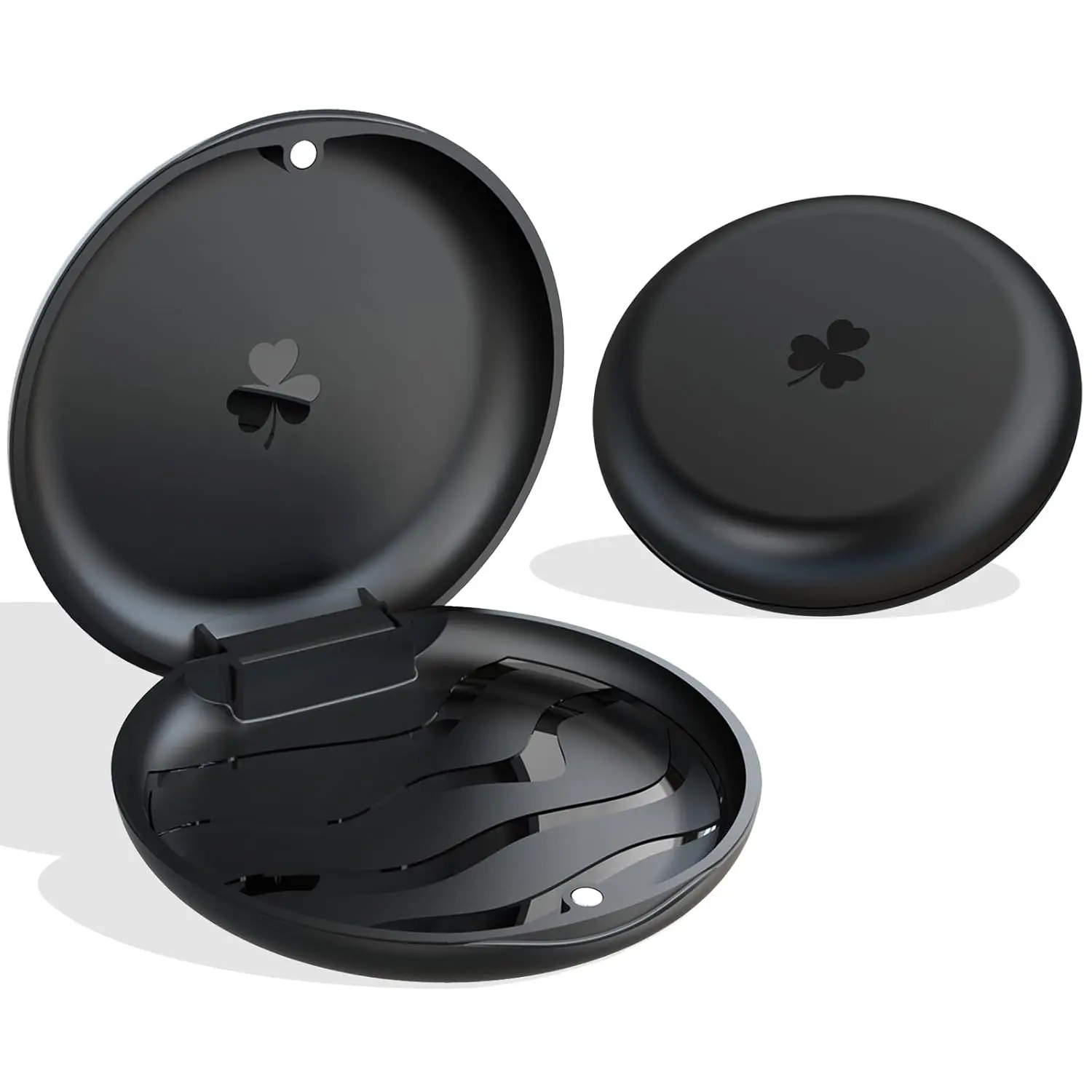 Black retainer case securely stores dental retainers, aligners, or mouthguards, protecting them from damage and contamination while traveling.
