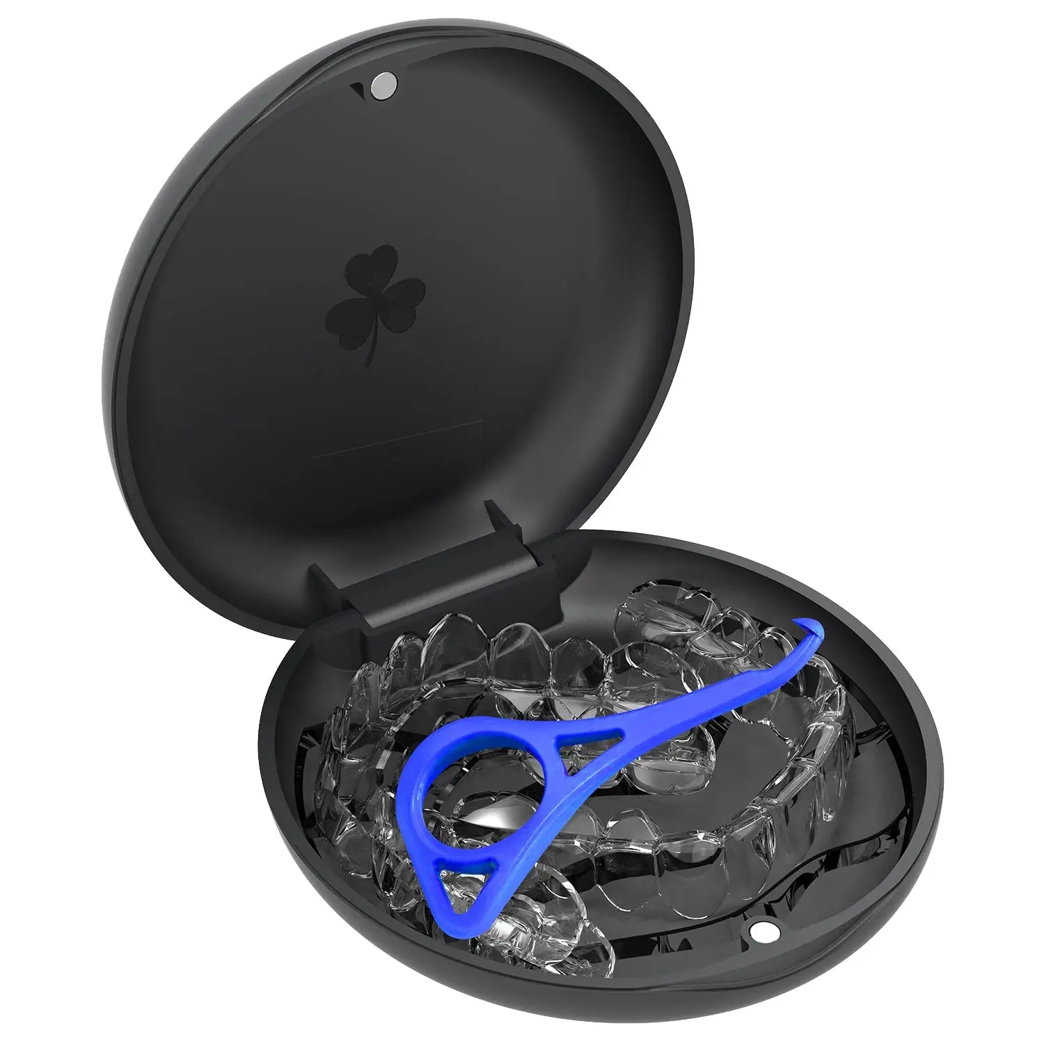 Black retainer case securely stores dental retainers, aligners, or mouthguards, protecting them from damage and contamination while traveling.