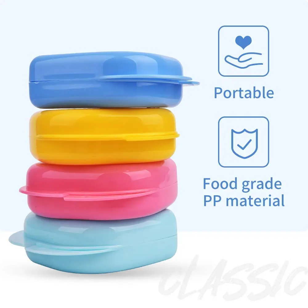 This blue and white retainer box is a durable PP plastic container designed to keep your mouthguard, retainer, or denture clean and safe.