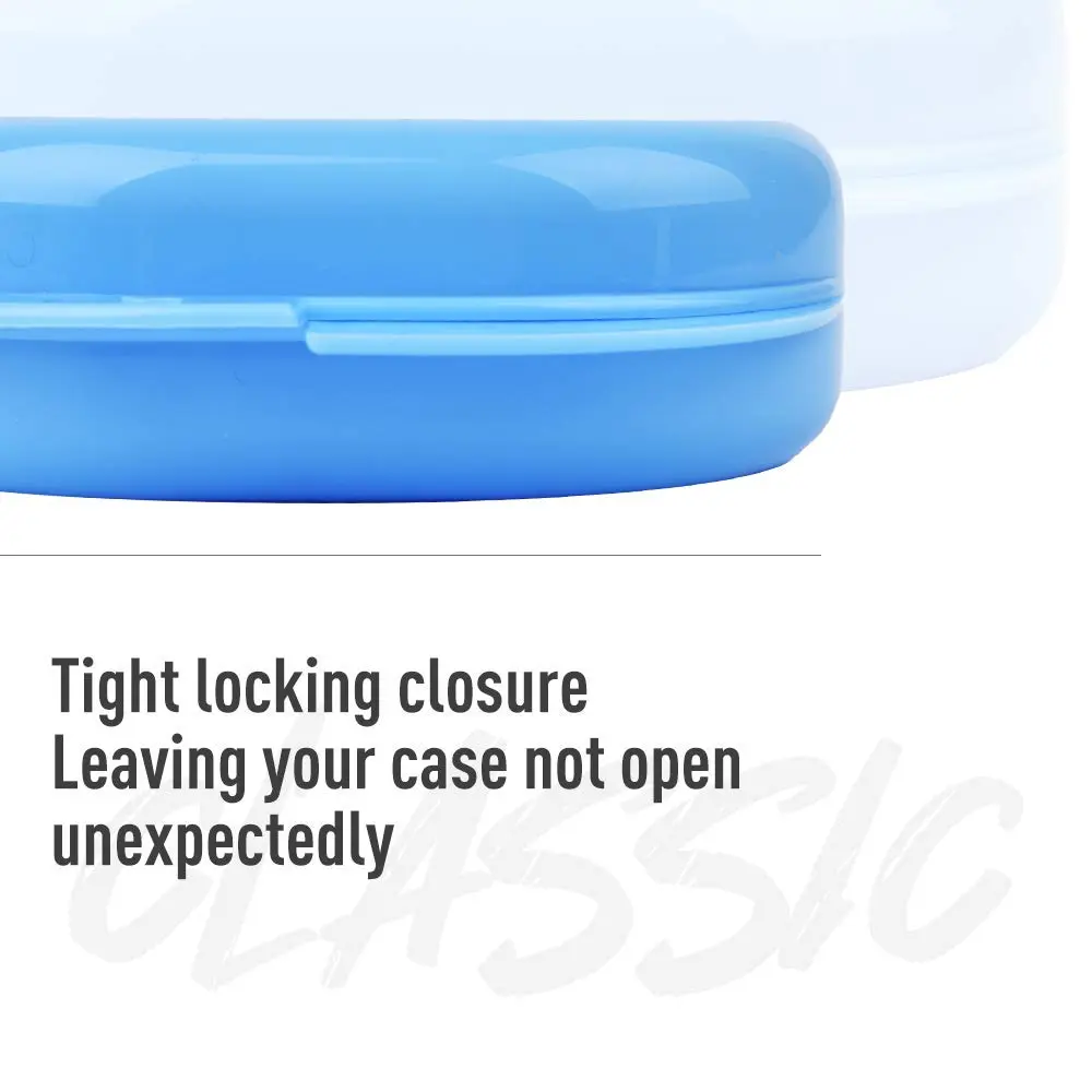 This blue and white retainer box is a durable PP plastic container designed to keep your mouthguard, retainer, or denture clean and safe.