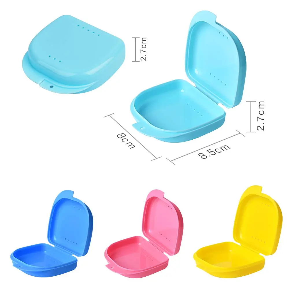 This blue and white retainer box is a durable PP plastic container designed to keep your mouthguard, retainer, or denture clean and safe.