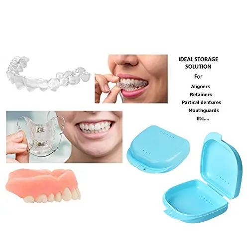 This blue and white retainer box is a durable PP plastic container designed to keep your mouthguard, retainer, or denture clean and safe.