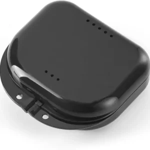 Black retainer box made of sturdy plastic, ideal for storing and protecting mouth guards, dentures, and orthodontic retainers, keeping them safe, clean, and free from damage and bacteria.